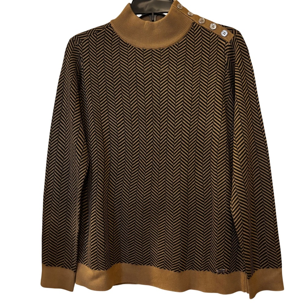 Calvin Klein Women's Chevron Mock Turtleneck Sweater Small Tan Black Herringbone